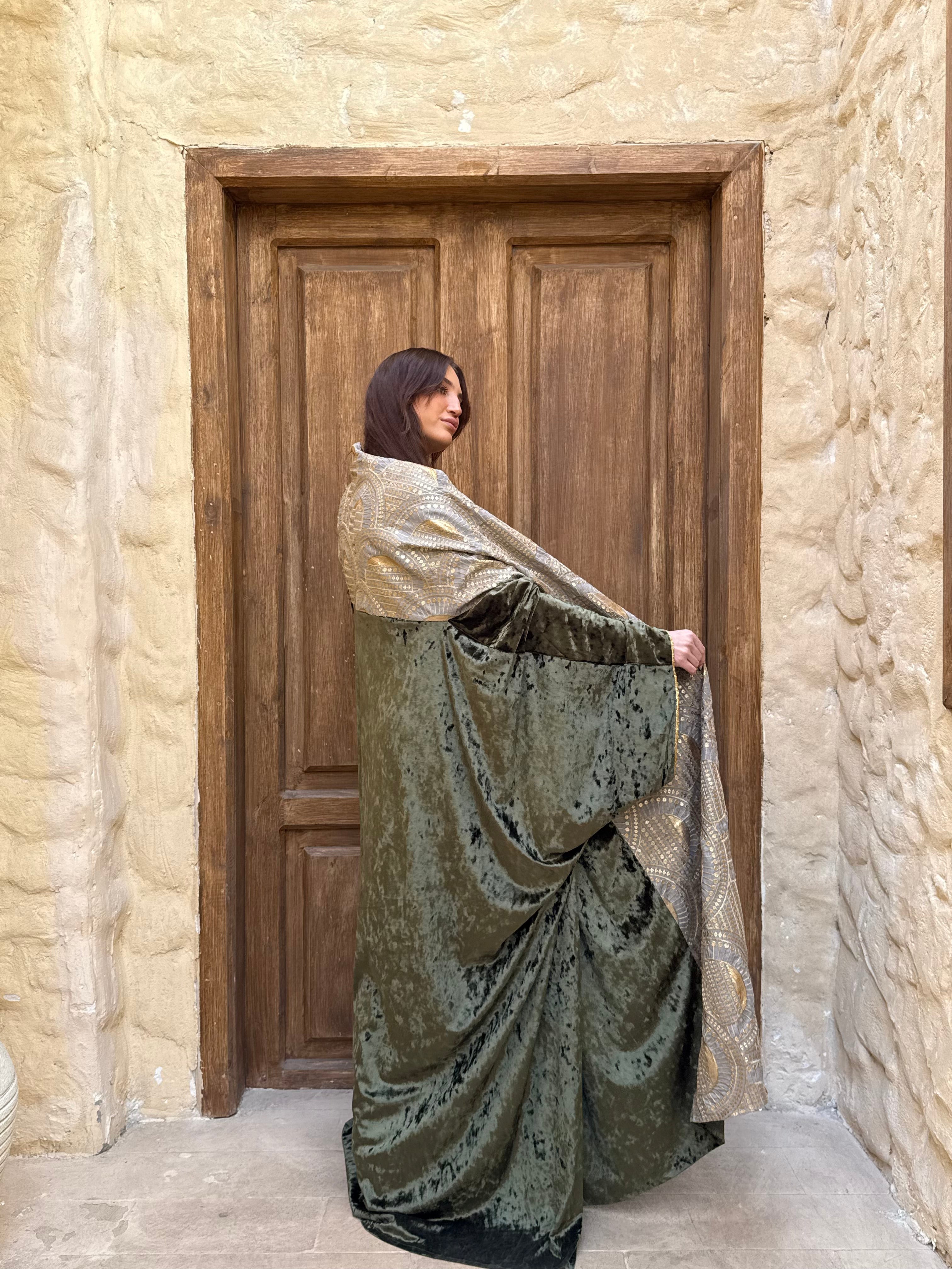 Gold Panel Velvet Abaya