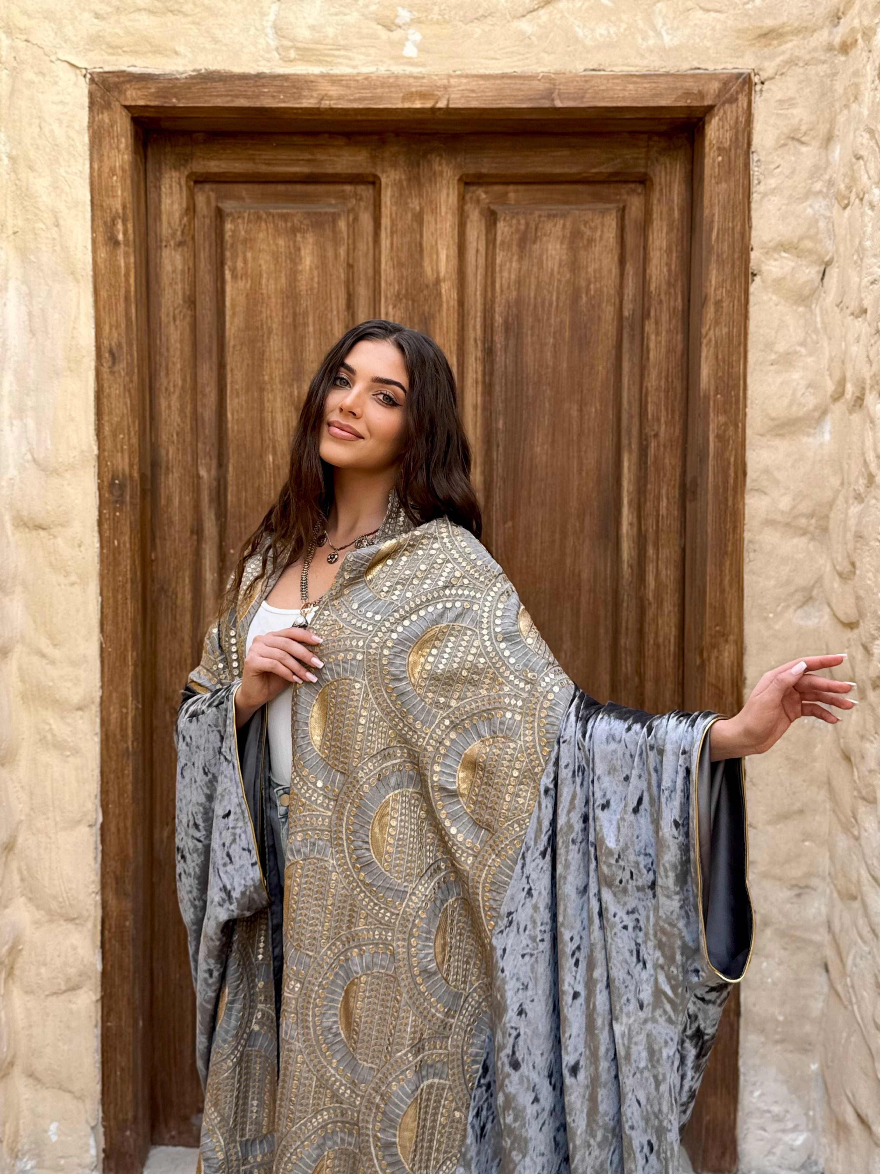Gold Panel Velvet Abaya