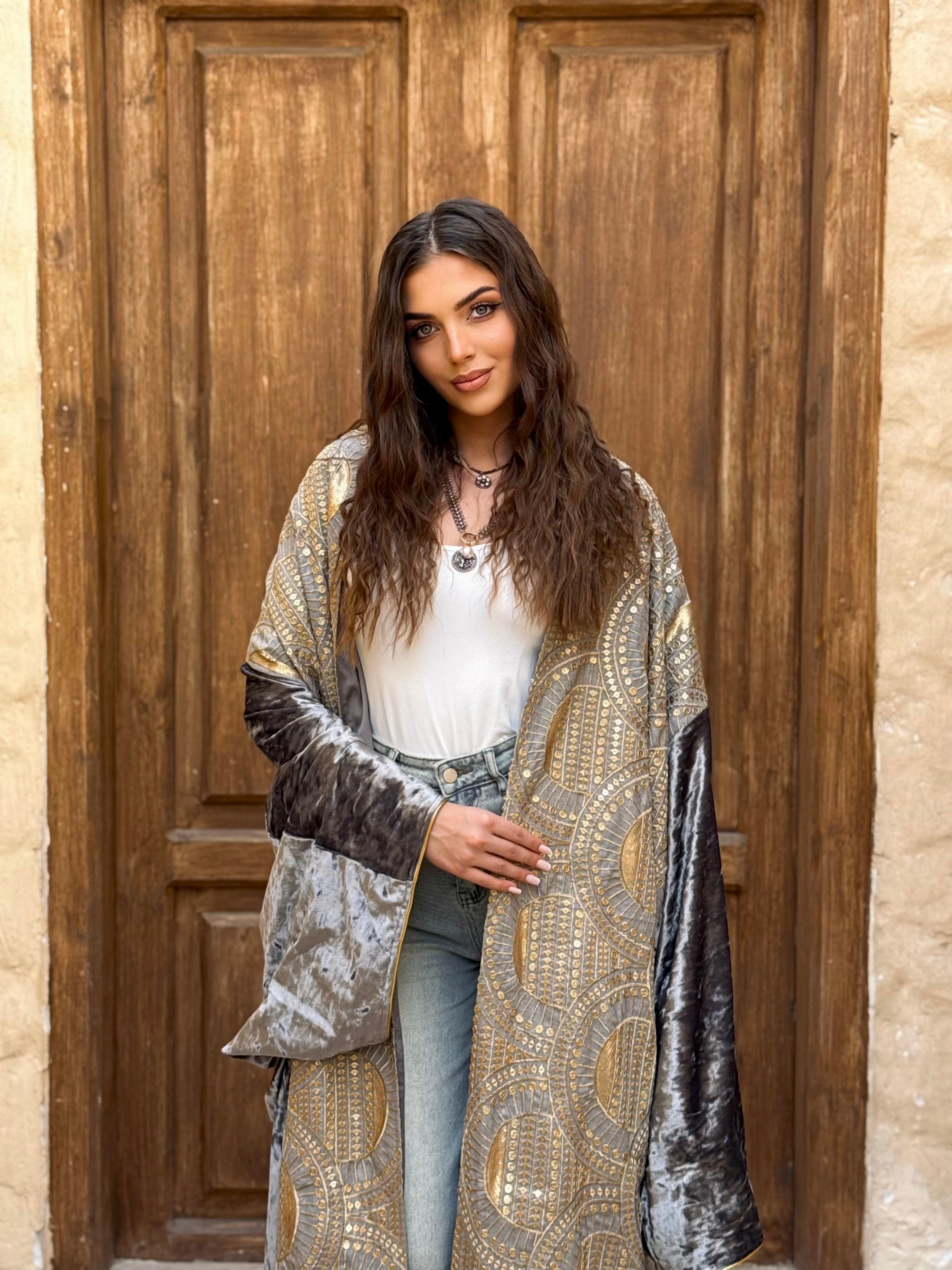 Gold Panel Velvet Abaya