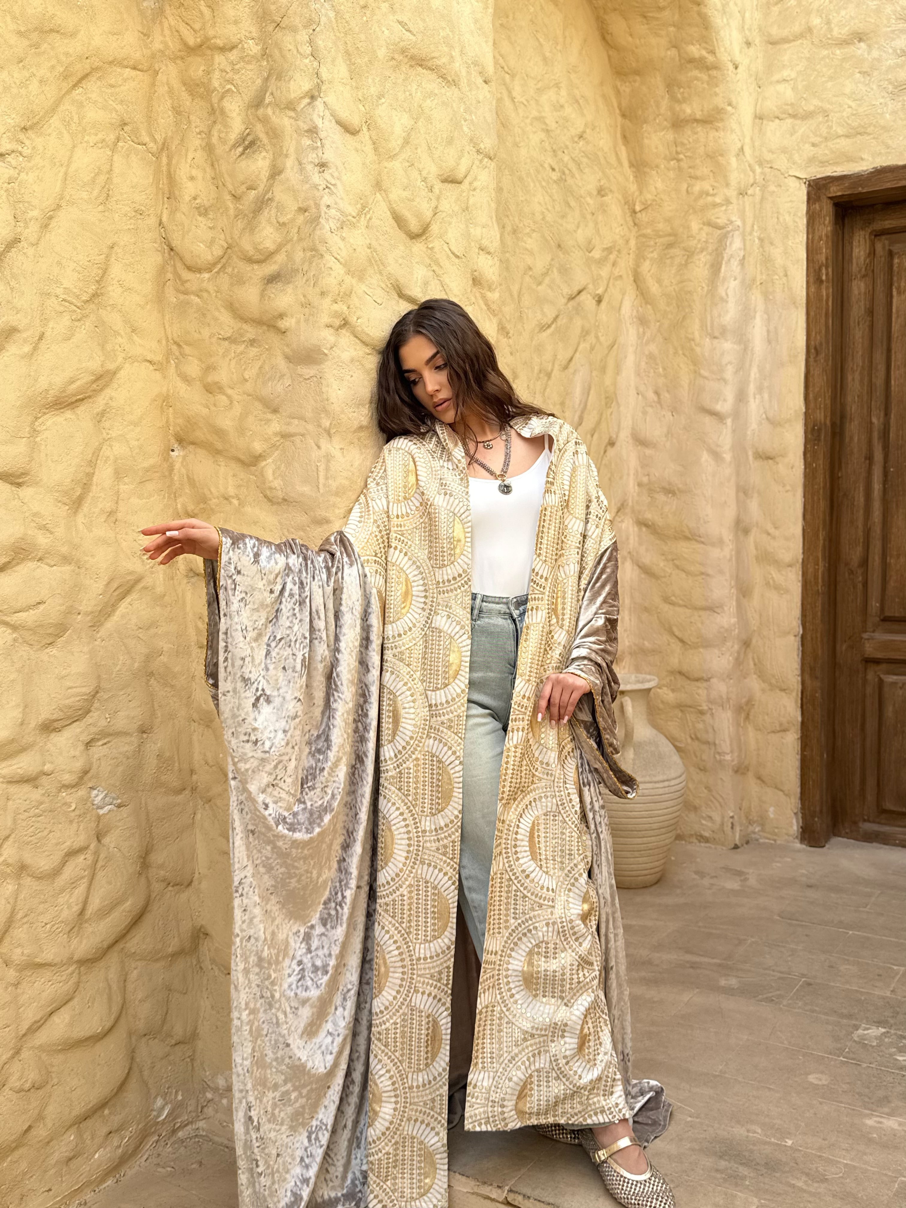Gold Panel Velvet Abaya