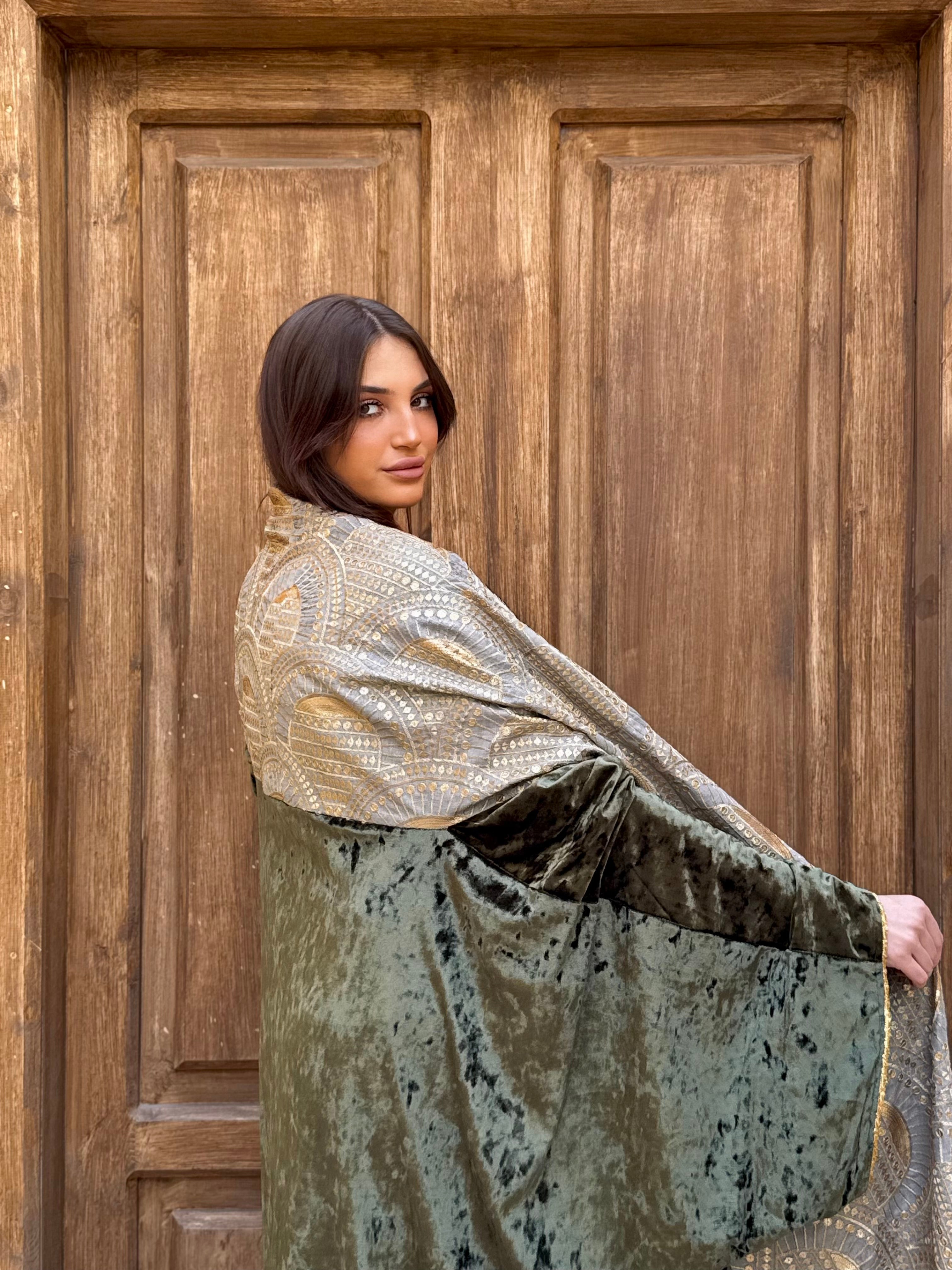 Gold Panel Velvet Abaya