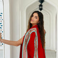 Red Abaya with Embroidered Trim