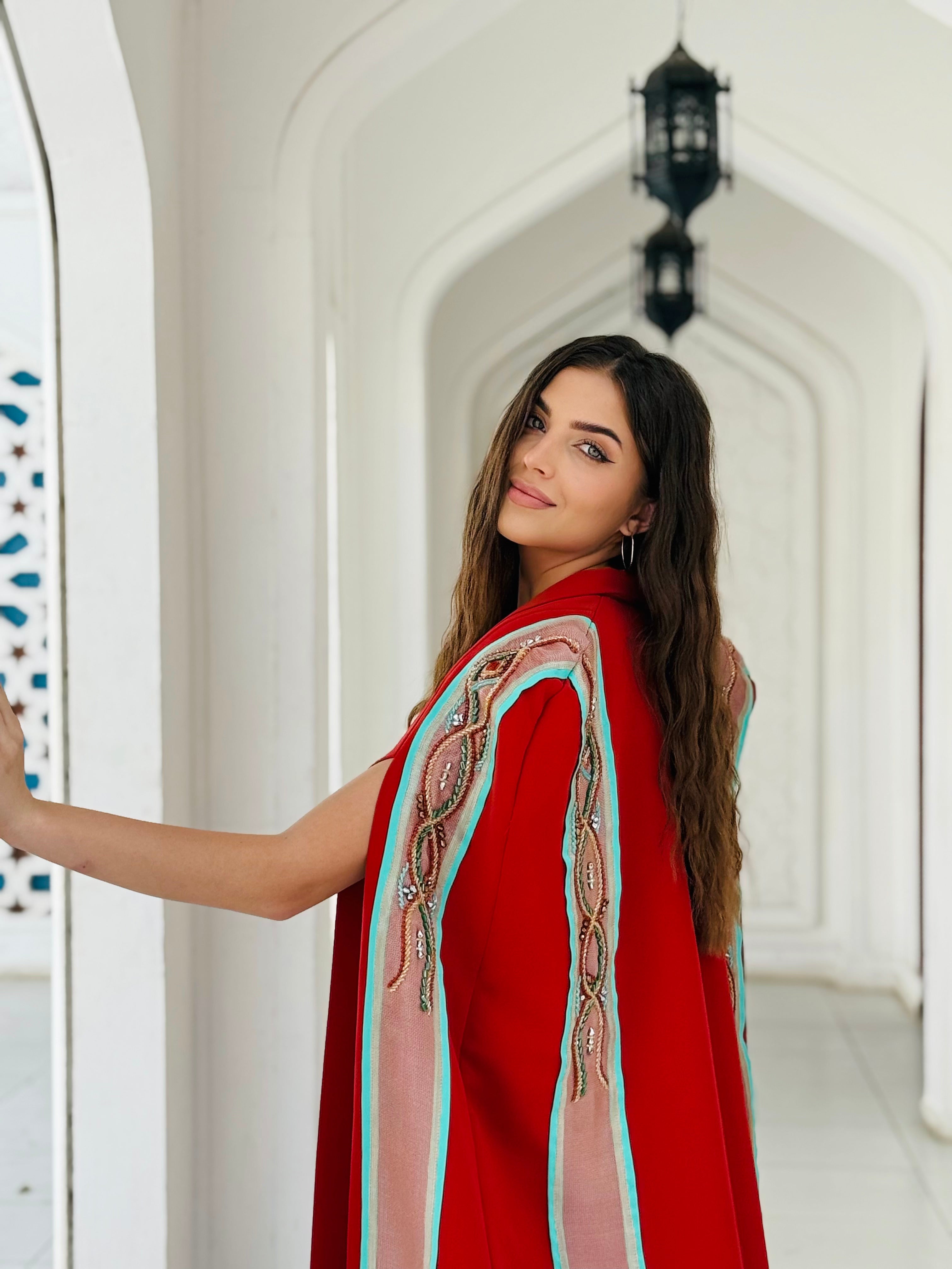 Red Abaya with Embroidered Trim