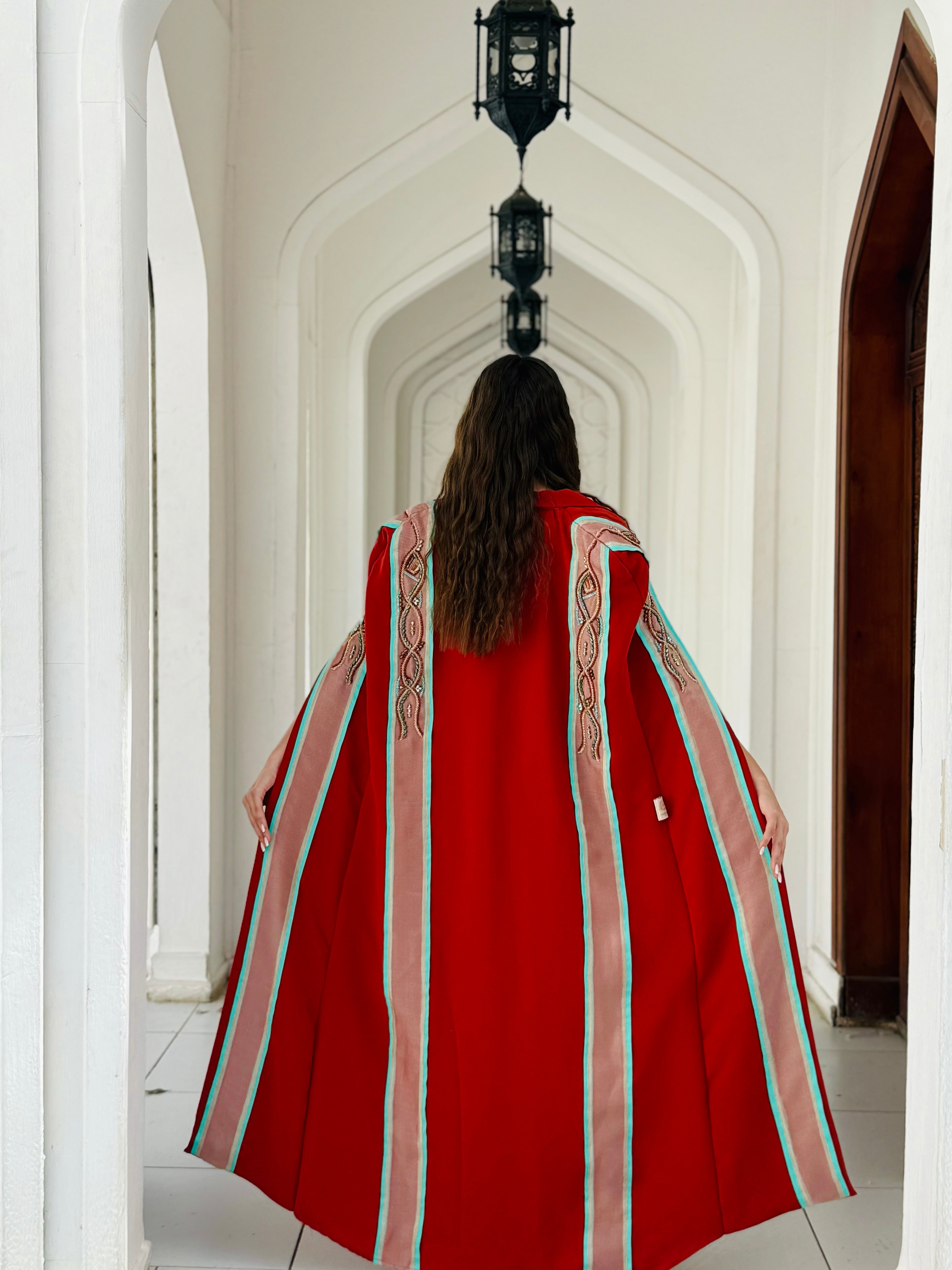 Red Abaya with Embroidered Trim