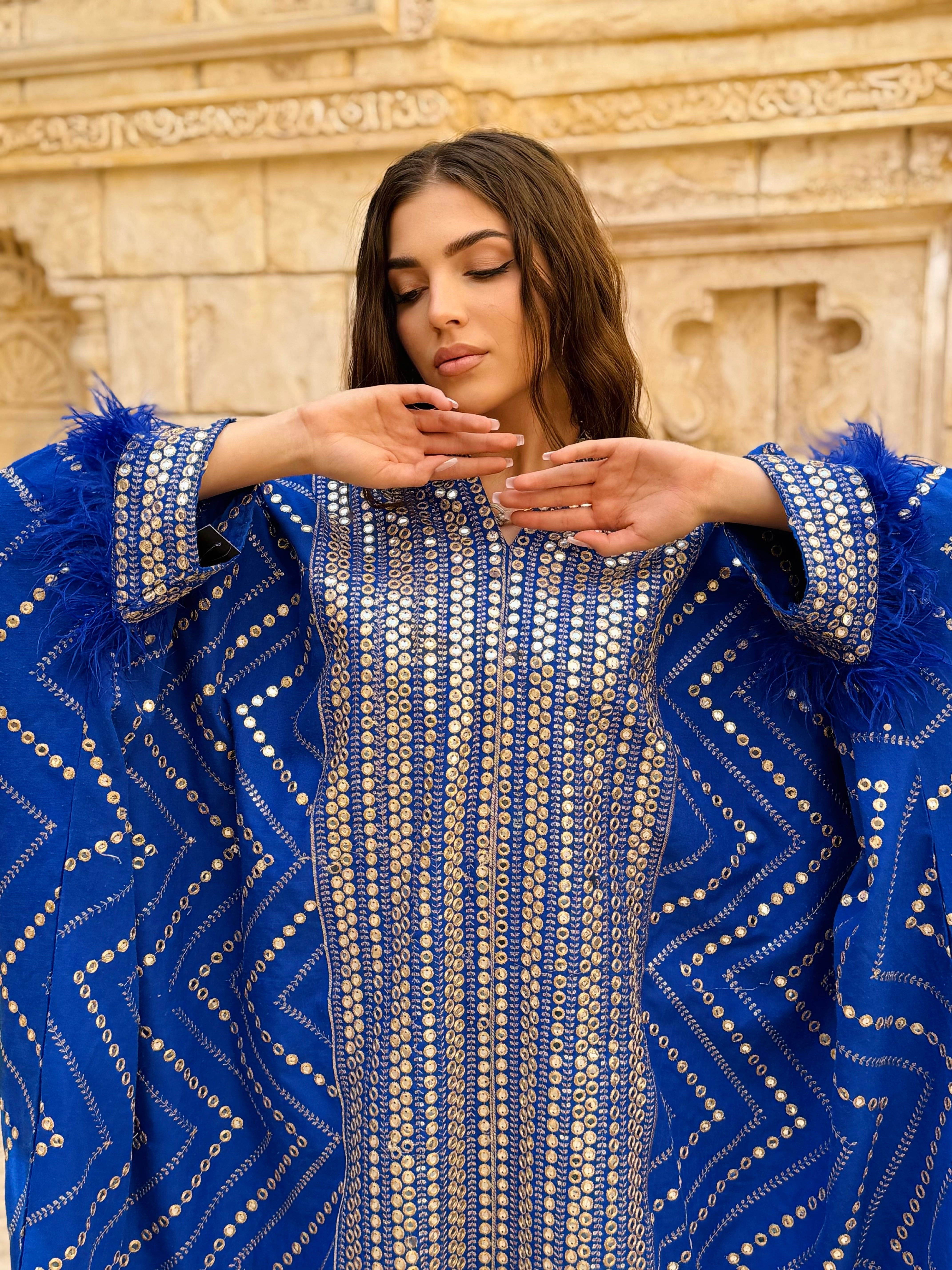 Royal Blue Sparkle Abaya with Fringed Sleeves