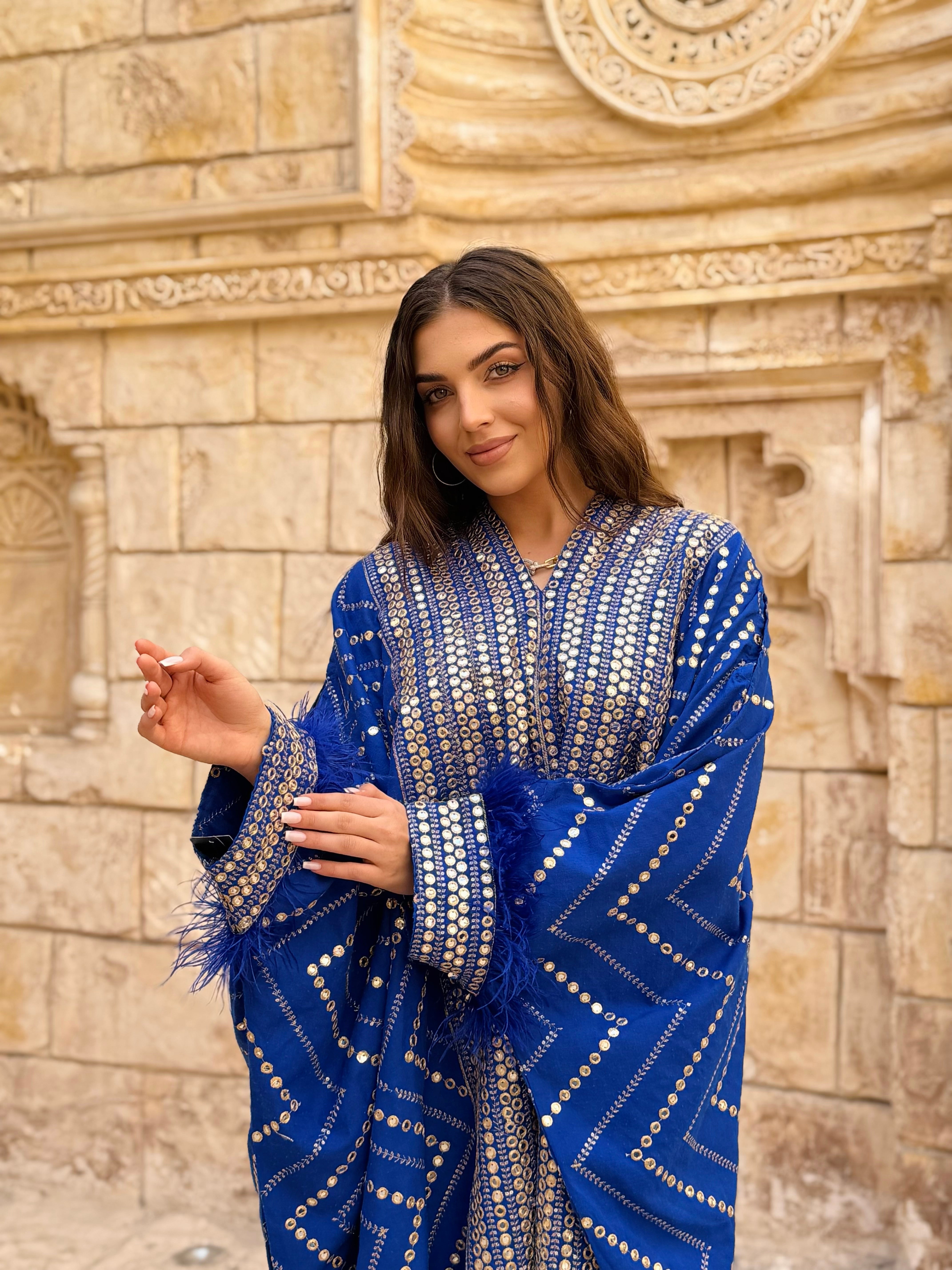 Royal Blue Sparkle Abaya with Fringed Sleeves