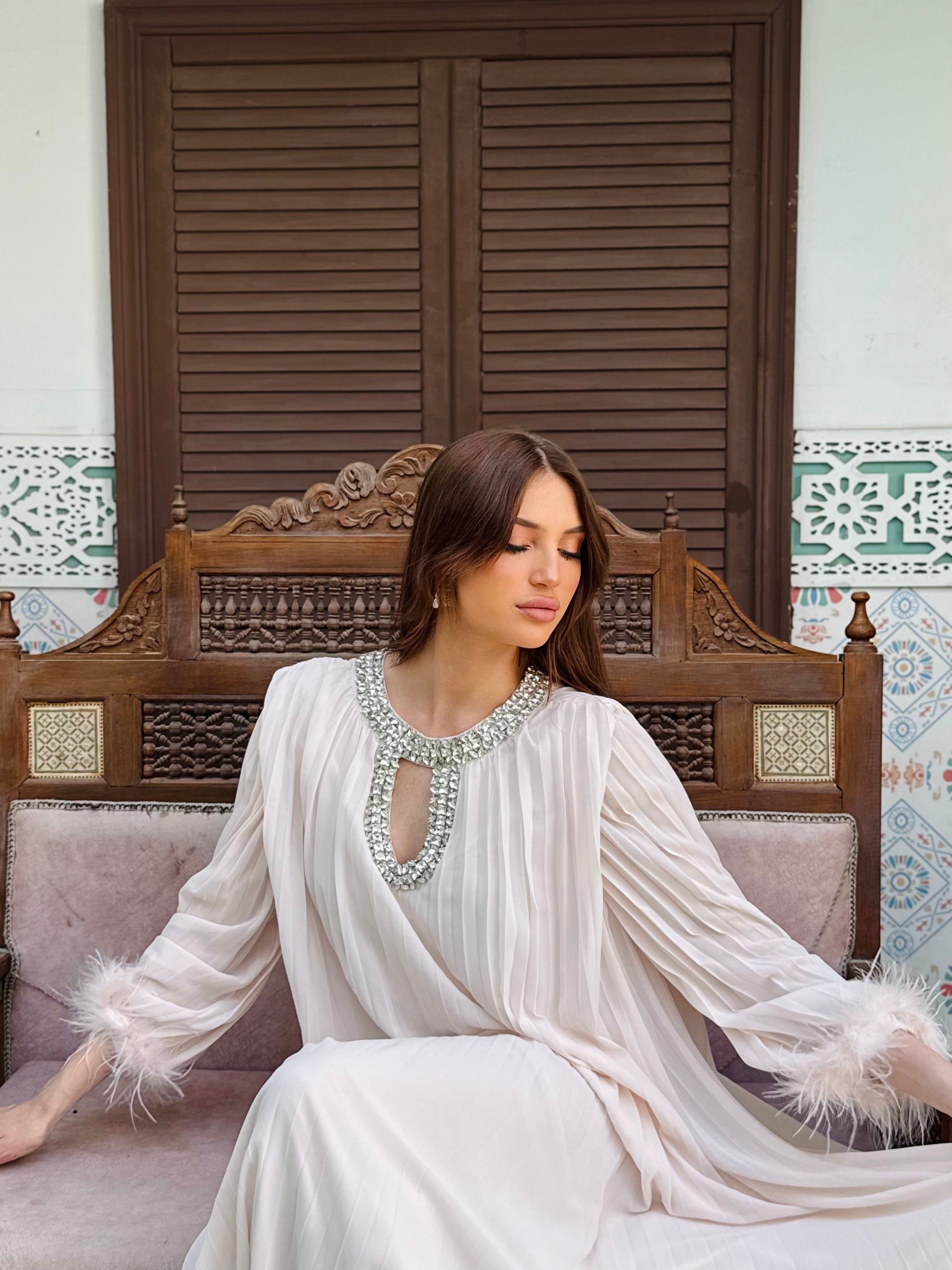 Crystal-Neck Pleated Gown