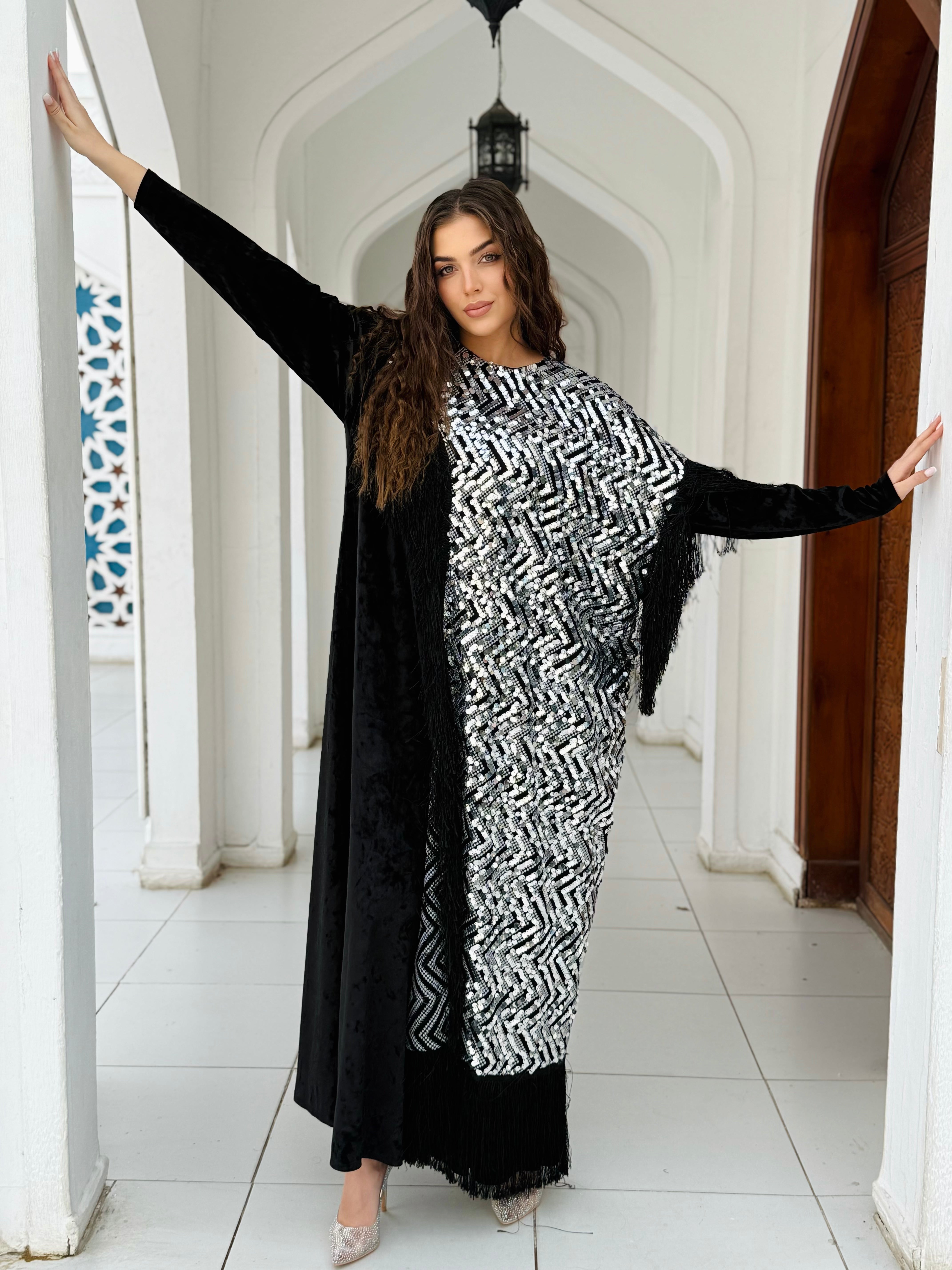 Monochrome Mosaic Velvet Abaya