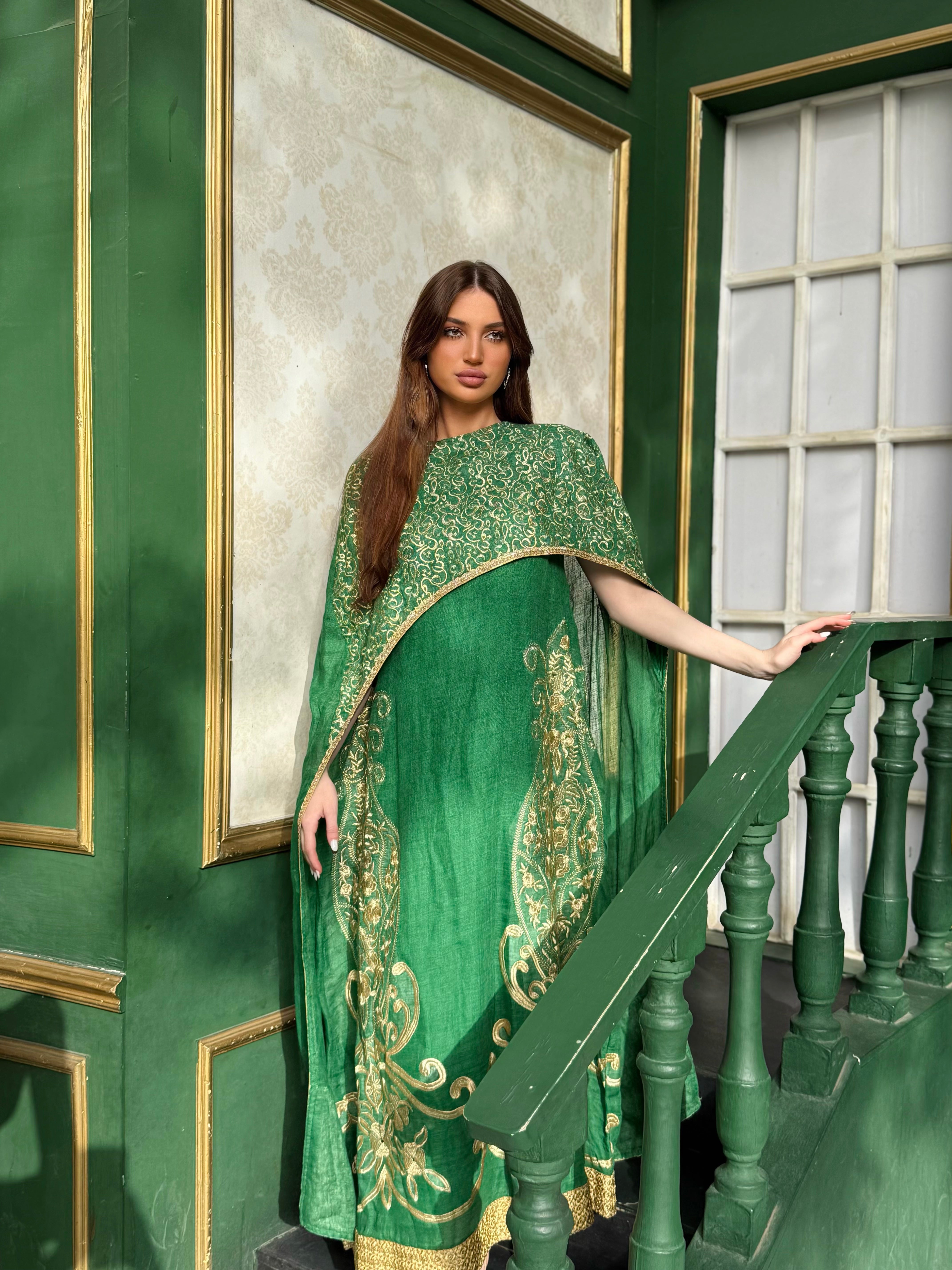 Emerald Gilded Cape Gown