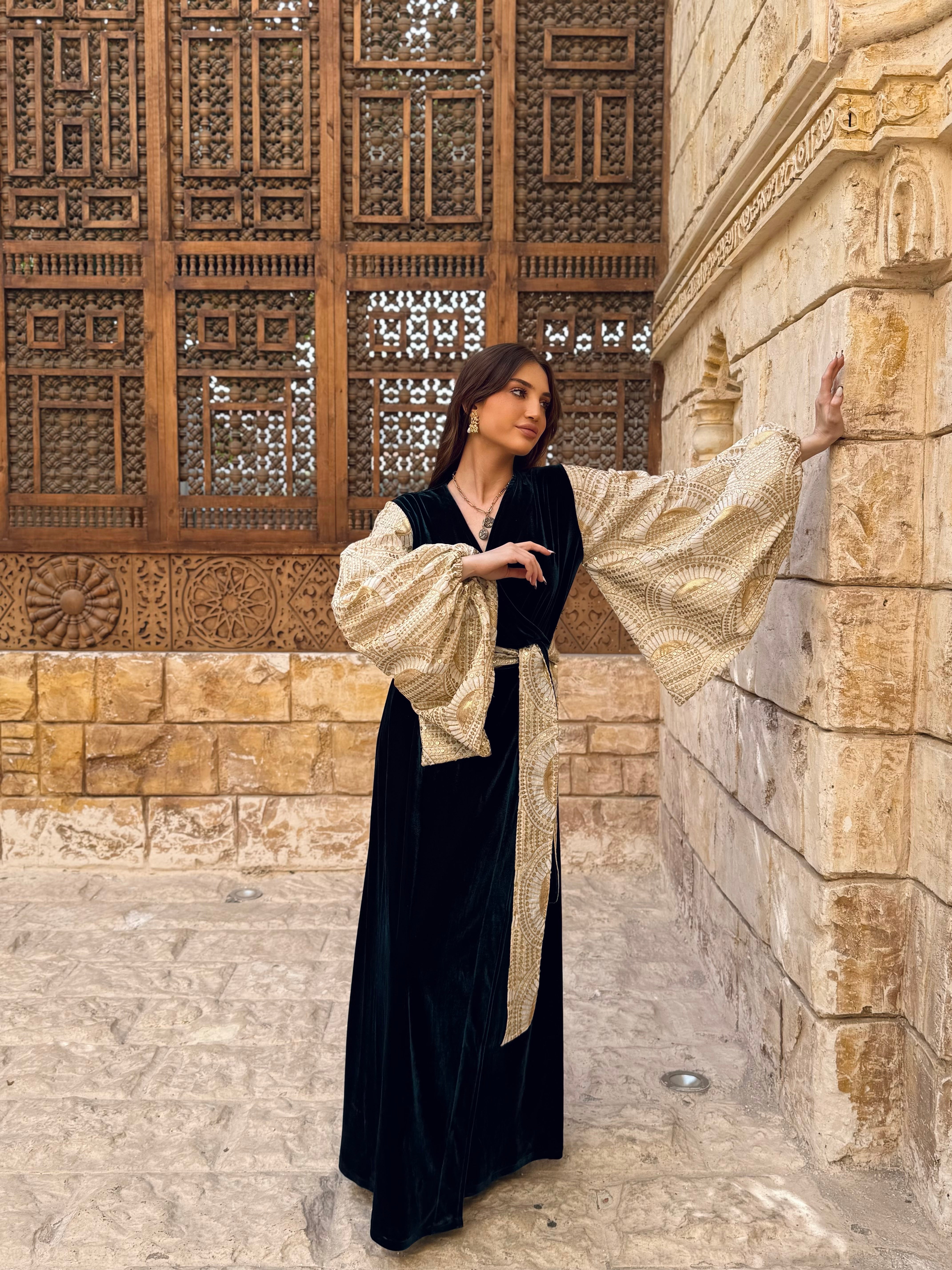 Onyx & Gold Bell-Sleeve Gown