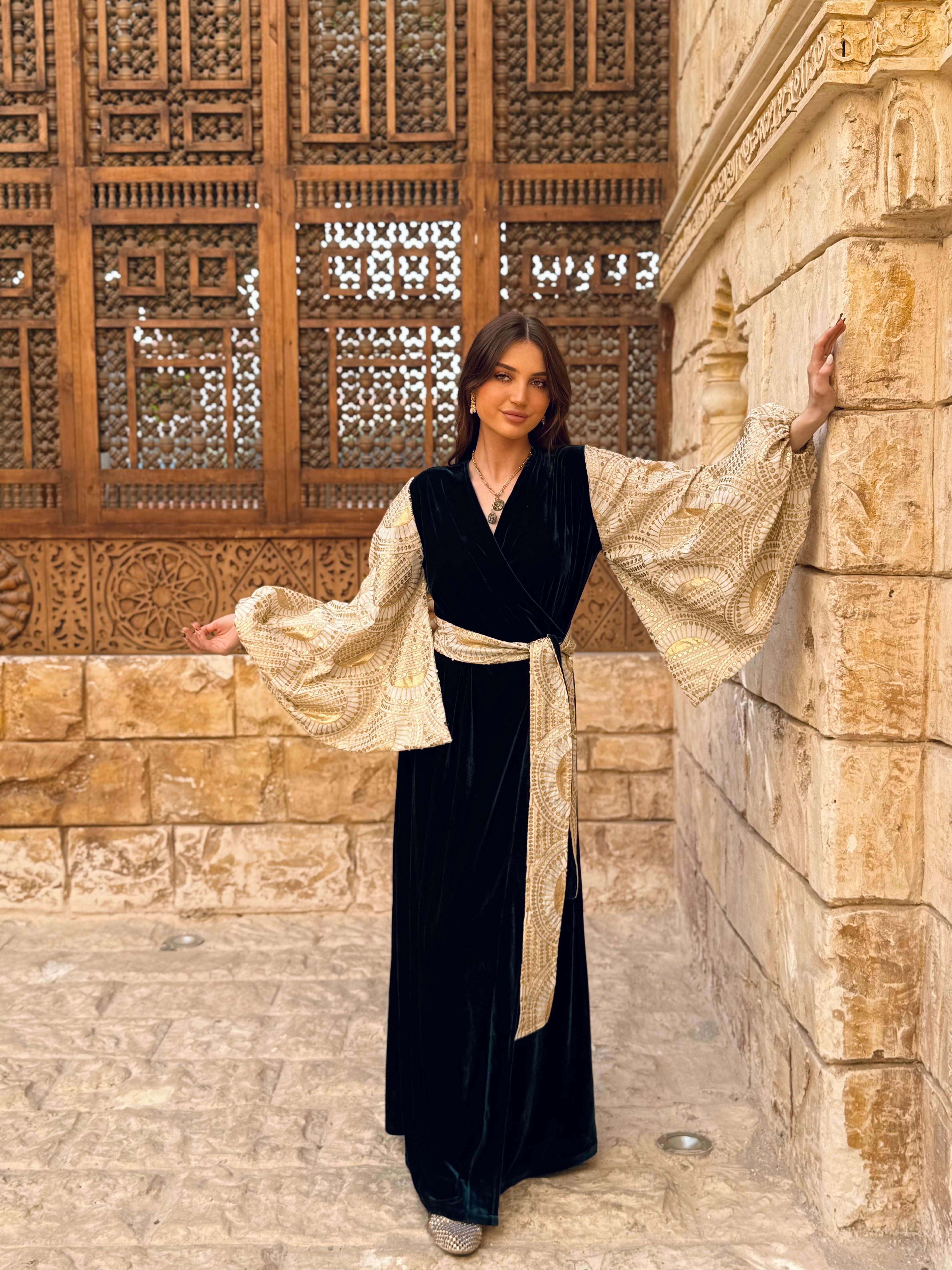 Onyx & Gold Bell-Sleeve Gown
